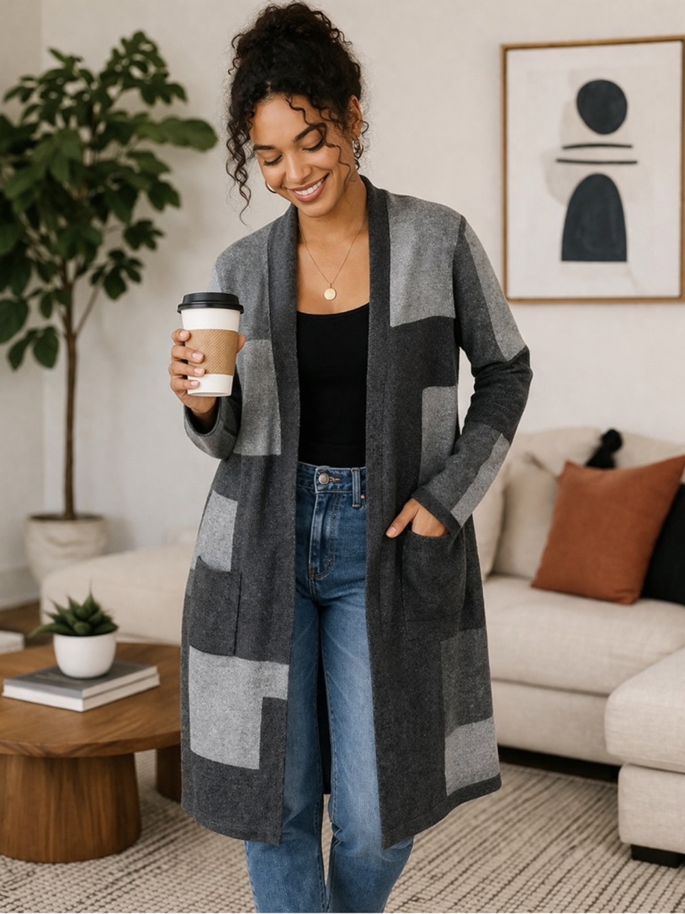 J. Jill Gray Colorblock Open Front Long Cardigan Sweater SP
